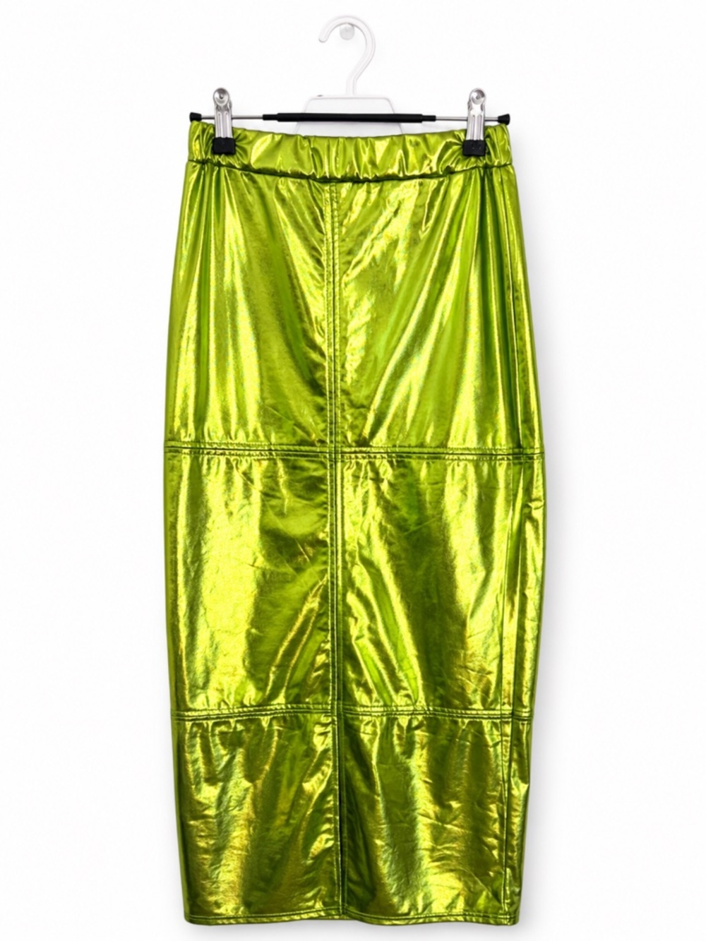 Metallic Lime Green Midi Pencil Skirt | High Waist Bodycon Statement Skirt Women